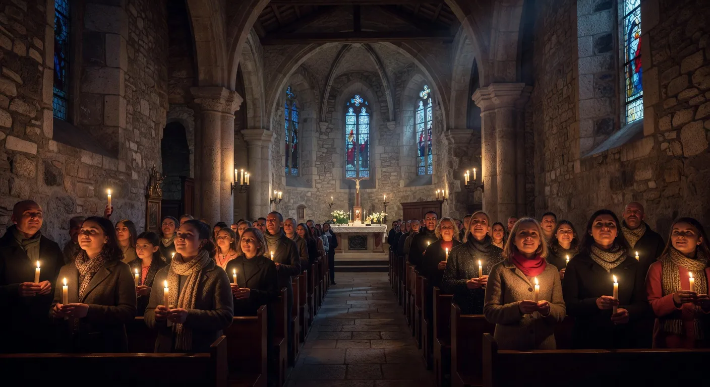Fidèles tenant des cierges à la Vigile pascale dans une église savoyarde, lumière recueillie