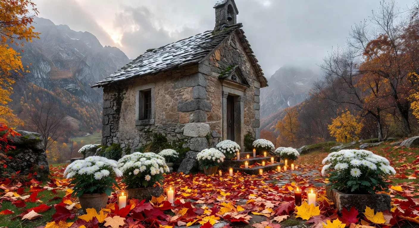 Chapelle de montagne en automne avec chrysanthèmes et bougies, Toussaint en Savoie