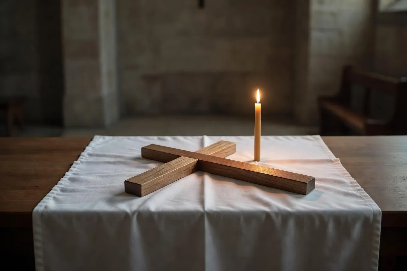 Croix en bois avec bougie allumée sur linge blanc, décoration du carême dans une chapelle