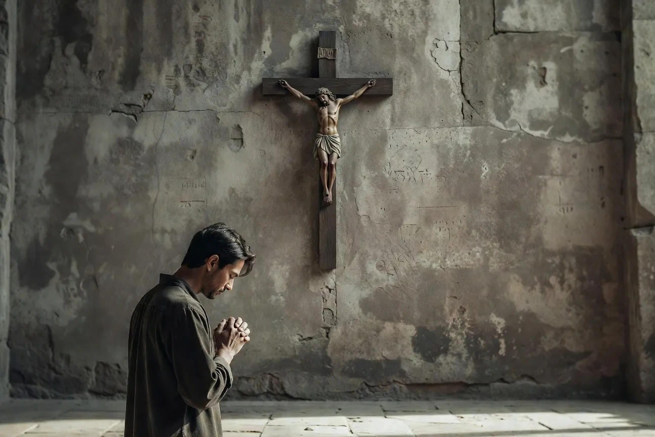Personne en prière silencieuse les mains jointes devant un crucifix sur mur de pierre