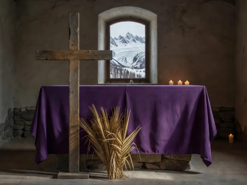 Décoration de Semaine Sainte dans une église savoyarde : croix fleurie, cierge pascal et fidèles en prière