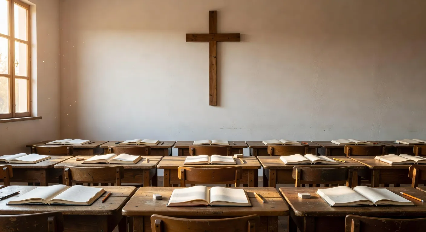 Salle de catéchèse lumineuse avec croix et cahiers ouverts, enfants en cercle