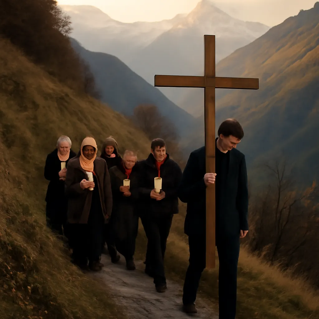 Petit groupe de fidèles en procession silencieuse sur un chemin de montagne en Savoie, portant une croix de bois