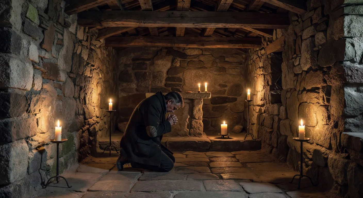 Fidèle priant seul dans une chapelle alpine, lumière tamisée et recueillement
