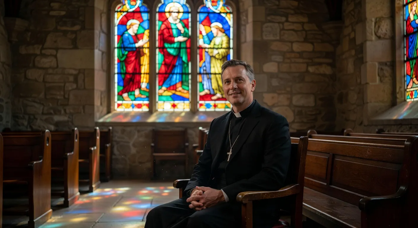 Prêtre en position d'écoute attentive dans une église savoyarde, vitrail en arrière-plan