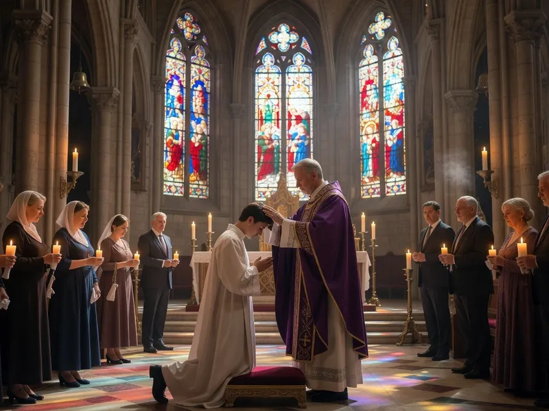 Cérémonie de confirmation dans une église savoyarde, jeunes confirmands devant l'évêque lors de la Pentecôte 2027
