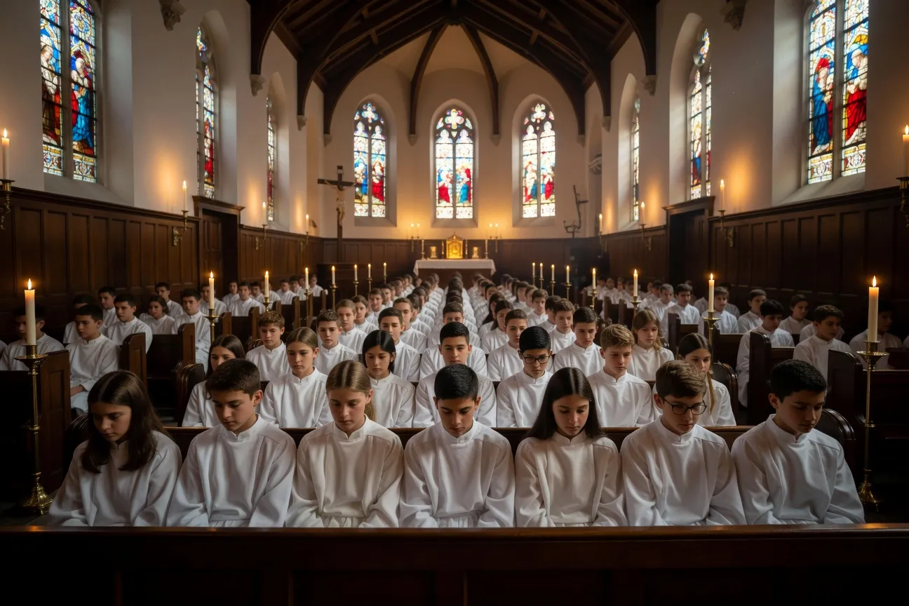 Groupe de jeunes en robes blanches assis dans les bancs d'une église lors d'une préparation à la confirmation