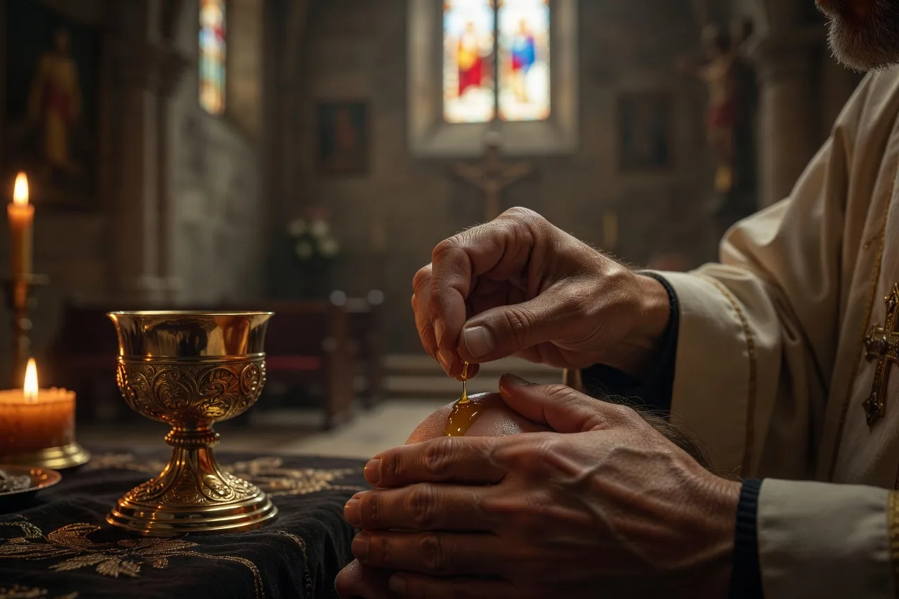 Gros plan sur les mains d'un prêtre oignant un front avec le saint chrême, flacon doré visible