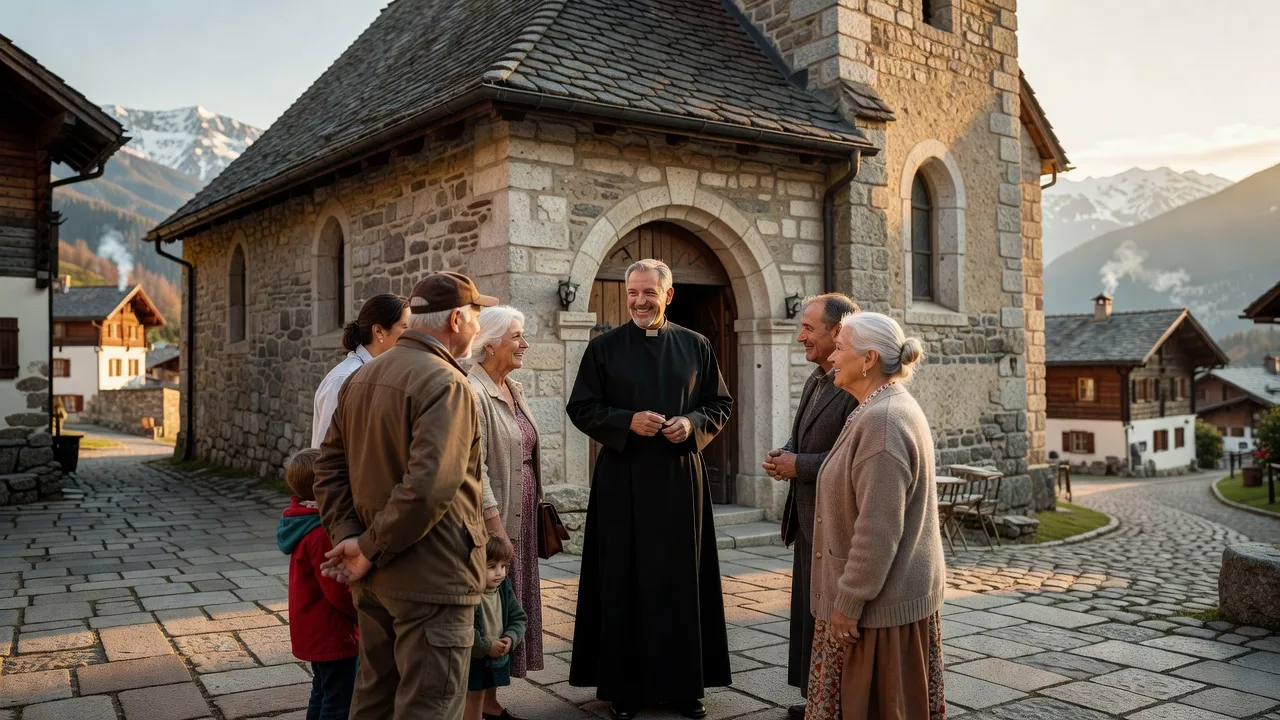 Prêtre échangeant avec des paroissiens à la sortie d'une église savoyarde, ambiance communautaire chaleureuse