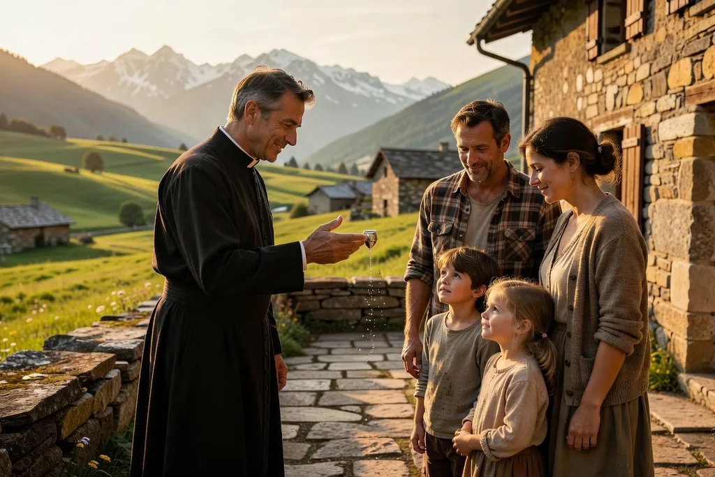 Diacre permanent visitant une personne âgée à domicile dans un village de l'Avant-Pays savoyard, apportant la communion