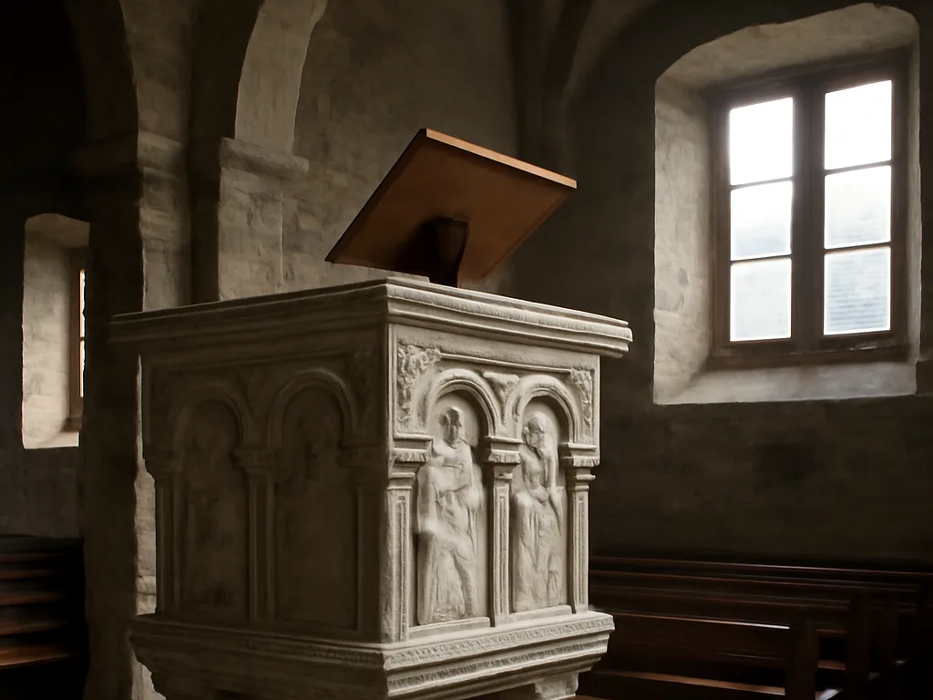 Ambon en pierre sculptée dans une église de montagne, lutrin surélevé face à l'assemblée