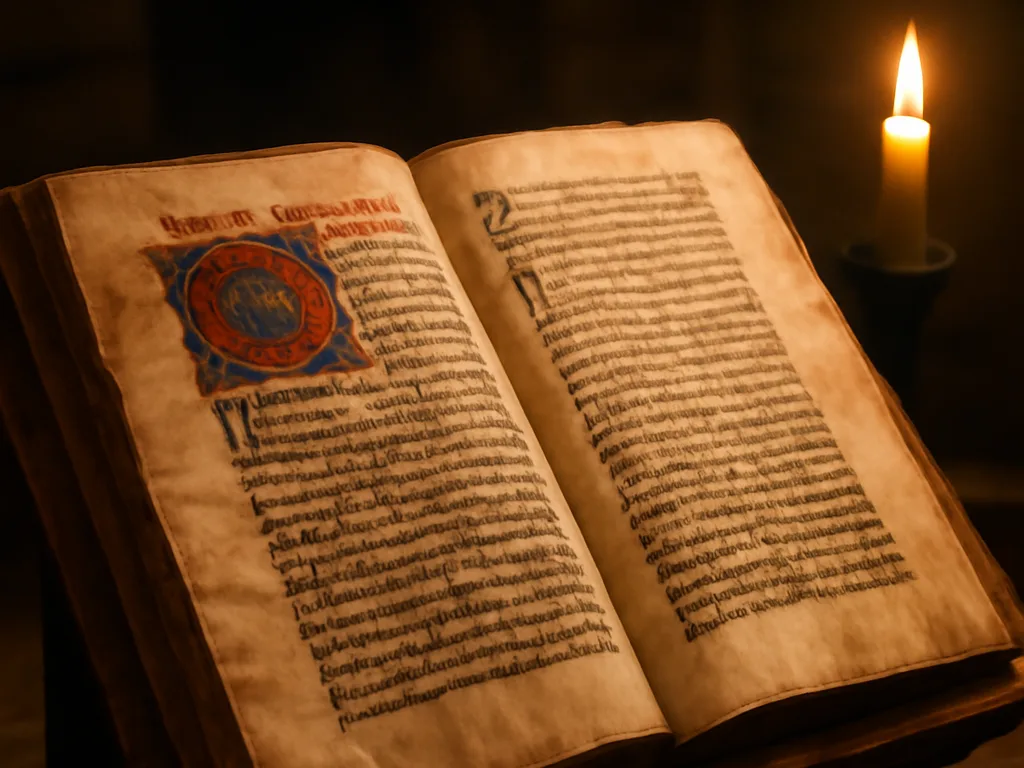 Manuscrit ancien de la Bible ouvert sur un pupitre en bois, calligraphie latine visible, lumière tamisée