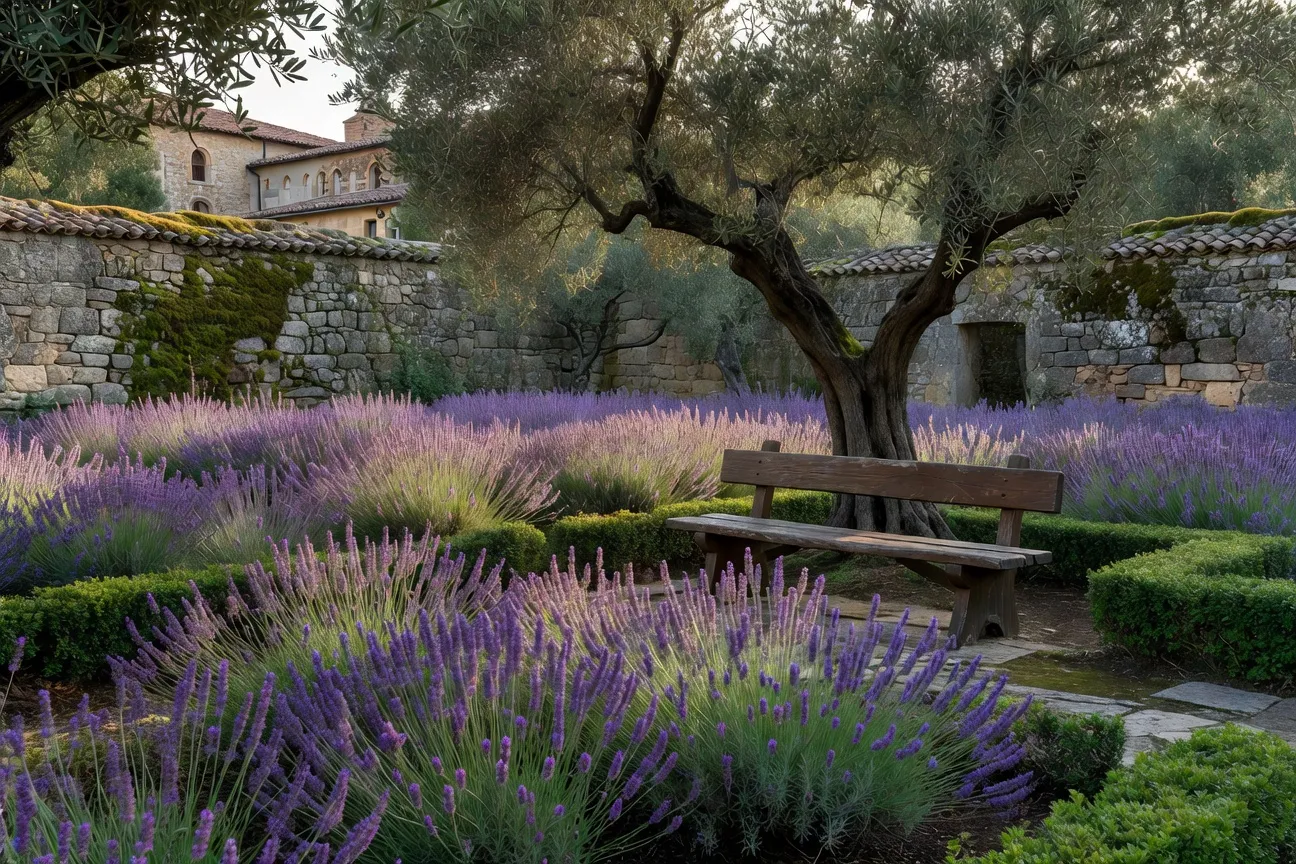 Jardin de monastère avec murs de pierre et lavande en fleur, banc de bois à l'ombre, atmosphère contemplative sans présence humaine