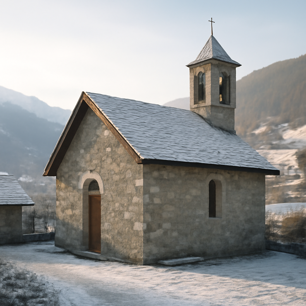 Petite chapelle en pierre savoyarde couverte d'une fine couche de neige lors d'un matin d'hiver, montagnes en arrière-plan