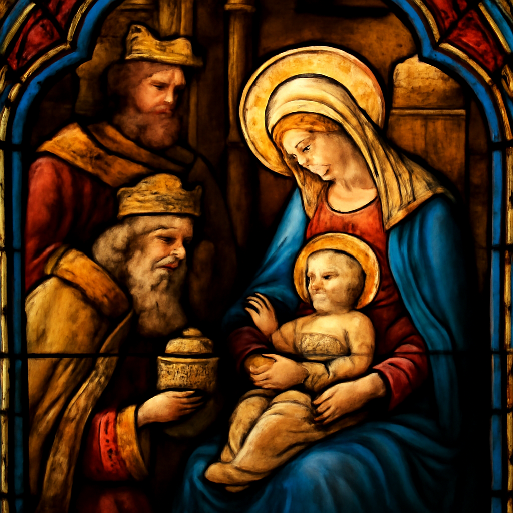 Vitrail représentant l'adoration des mages, la Vierge portant l'enfant Jésus recevant les offrandes des rois mages