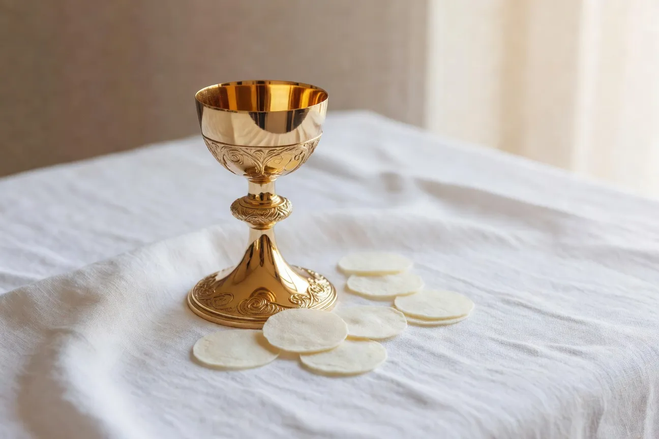 Calice doré et hosties sur nappe blanche, lumière naturelle douce, prêt pour la communion