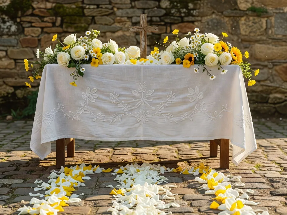 Reposoir fleuri dressé en plein air pour la procession du Saint-Sacrement, avec pétales disposés au sol devant un autel temporaire