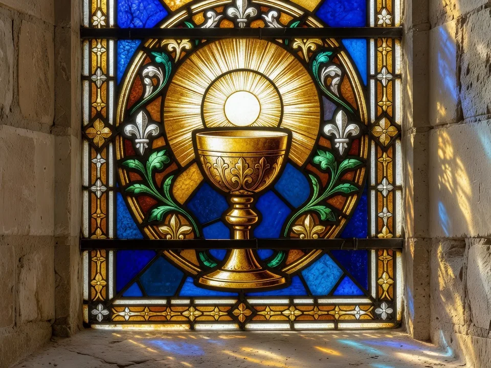 Vitrail d'église médiéval représentant un calice et une hostie rayonnante, symboles eucharistiques