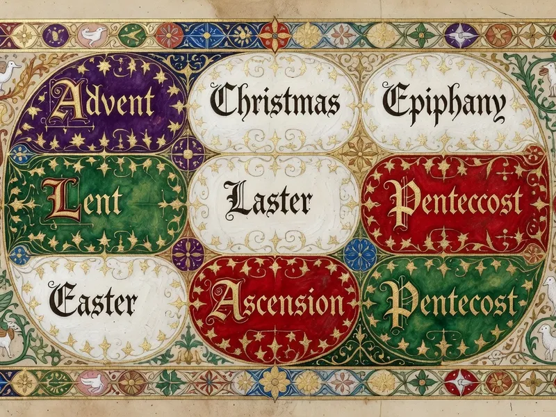 Tableau récapitulatif des grandes fêtes catholiques 2027 affiché dans une sacristie savoyarde, calendrier liturgique coloré