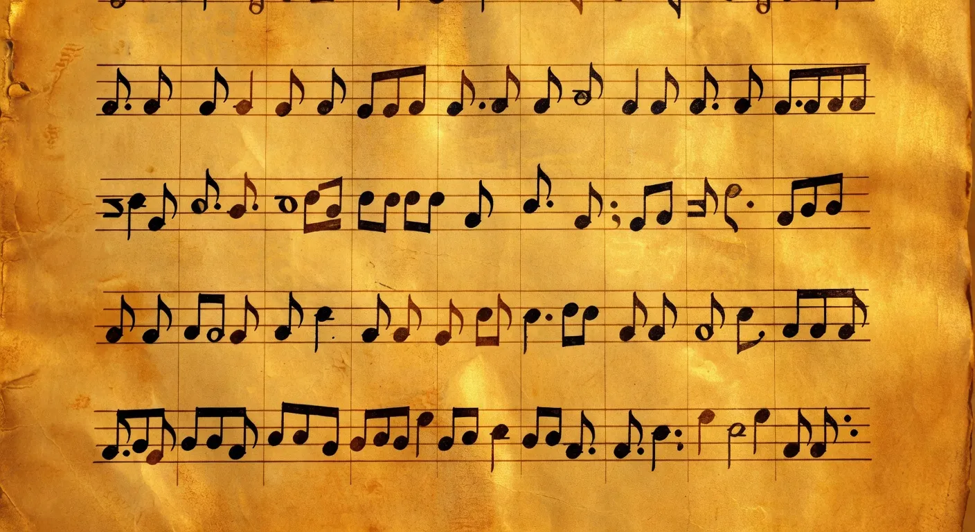 Manuscrit médiéval de neumes grégoriens sur parchemin doré, écriture calligraphique