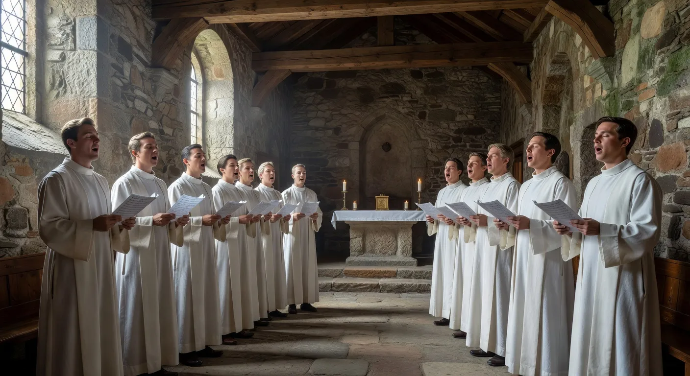 Chorale en habit liturgique blanc dans une église alpine savoyarde, rangées de chanteurs recueillis