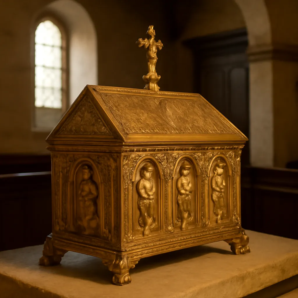 Reliquaire ancien en bois polychrome et argent dans une petite chapelle rurale de Savoie
