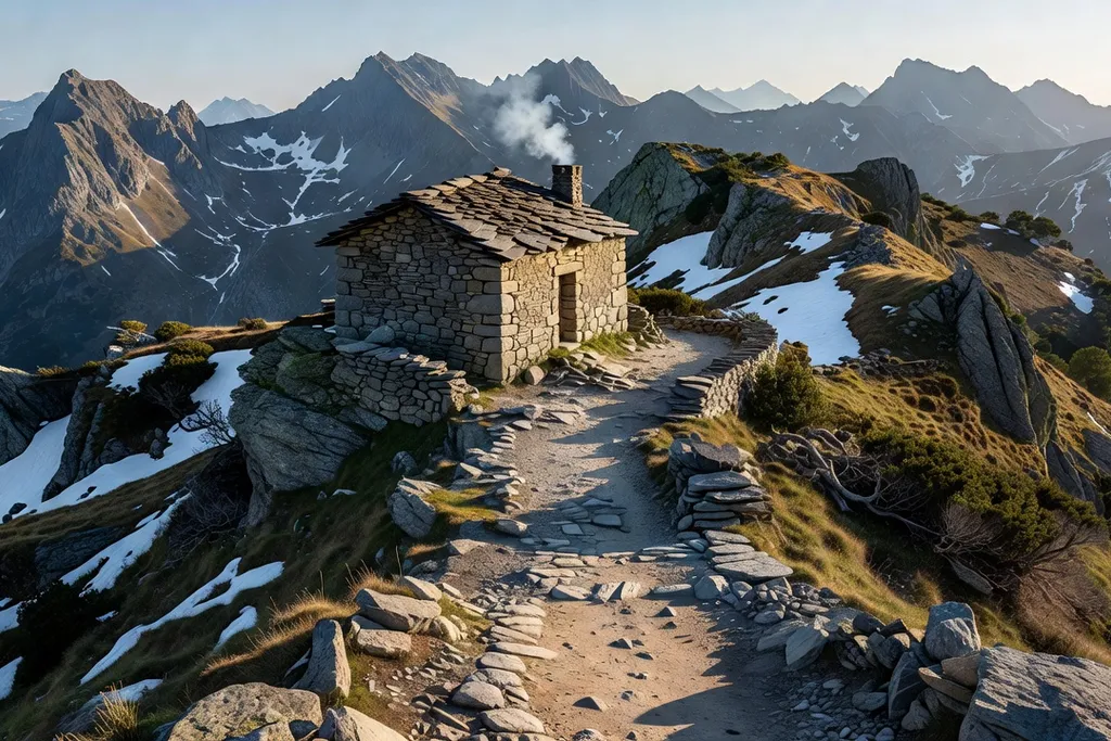 Ermitage de montagne isolé en Savoie, petite chapelle de pierre adossée à un rocher dans un paysage alpin