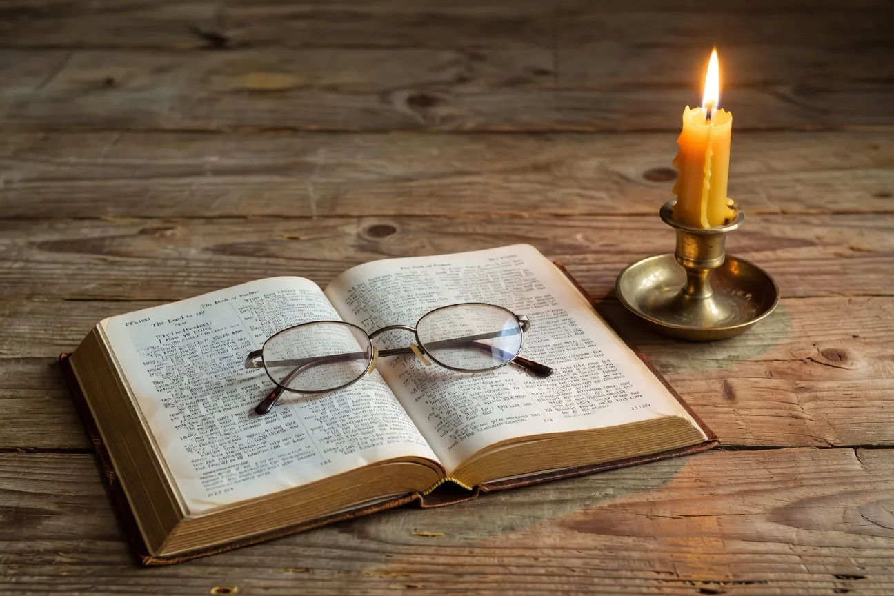 Bible ouverte sur une table en bois avec lunettes de lecture et bougie allumée, lumière chaude