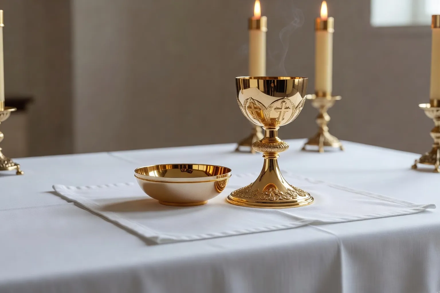 Calice doré et patène sur corporal blanc lors de la préparation de l'autel pour la messe catholique, cierges, nappe blanche