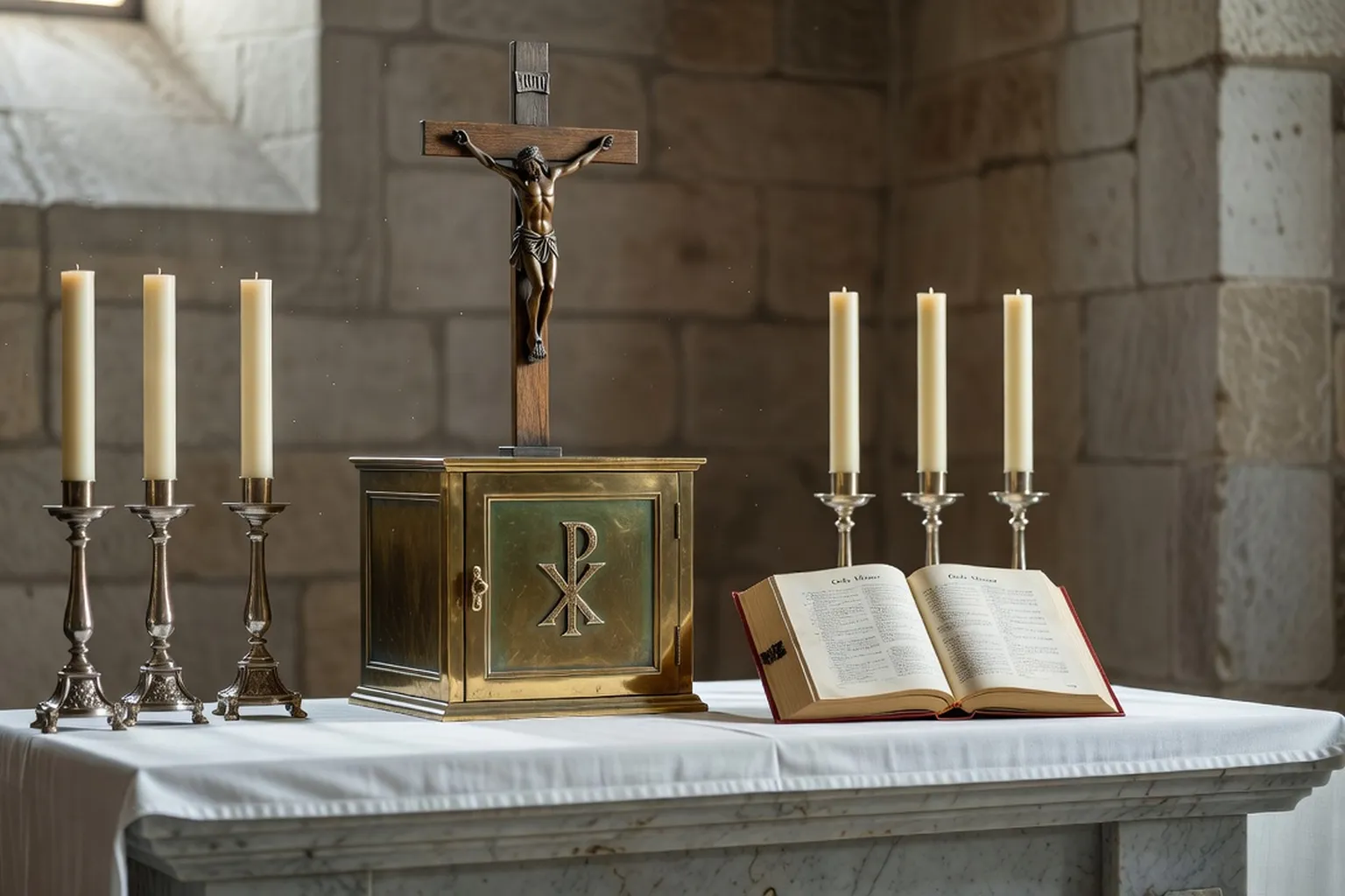 Vue d'un autel catholique avec tabernacle, croix, missel et candélabres, détail des éléments liturgiques, lumière naturelle douce