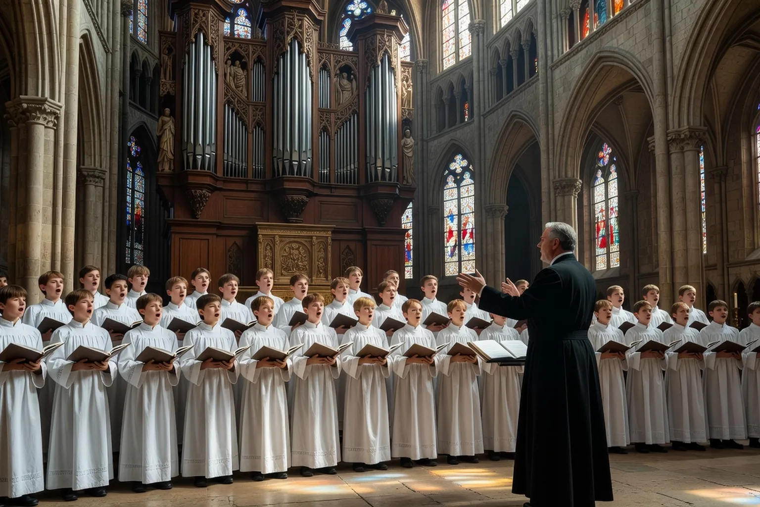 Maîtrise de cathédrale en Savoie, enfants chanteurs en surplis blanc devant les grandes orgues, répétition en nef