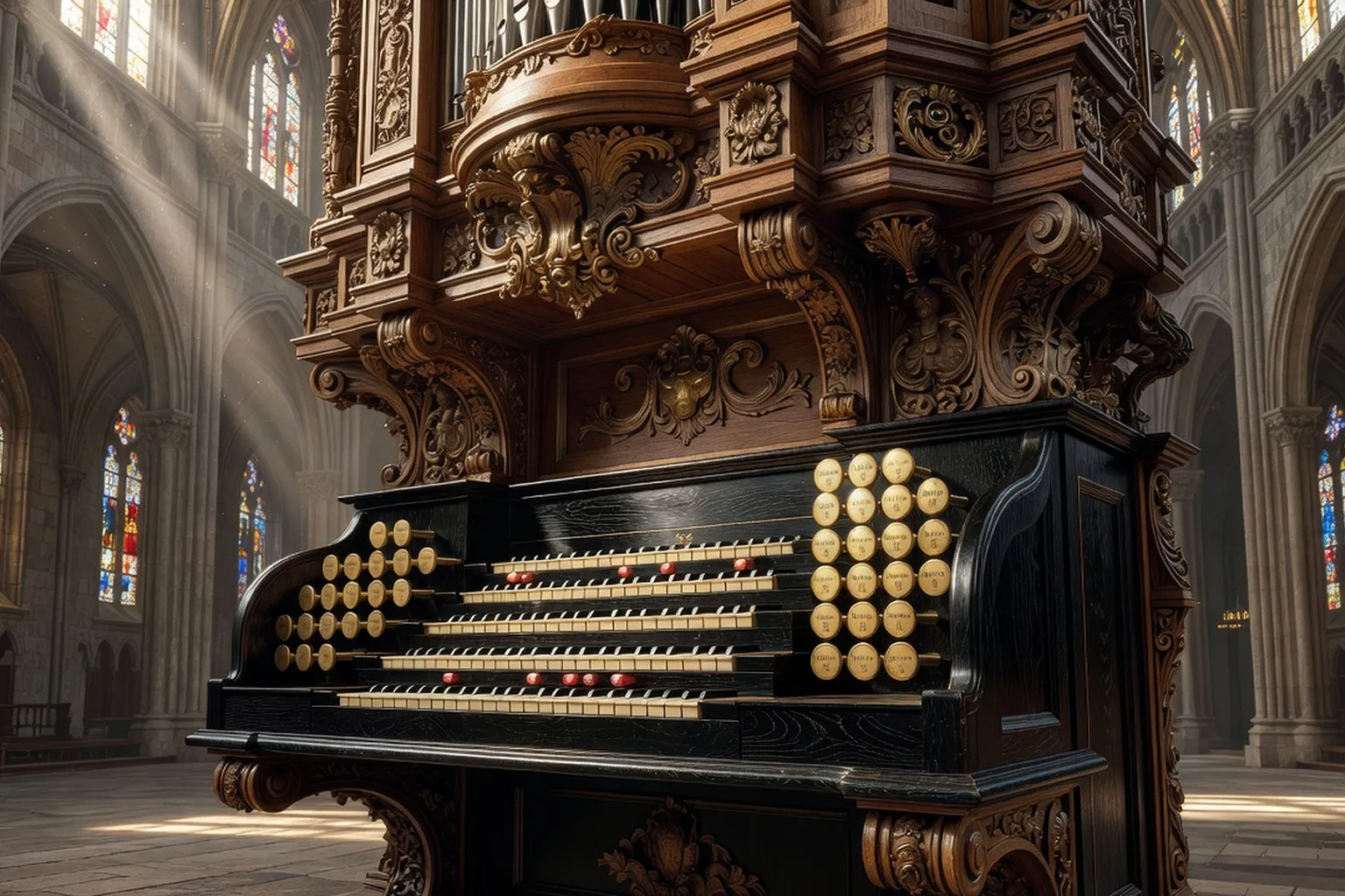 Console de l'orgue Cavaillé-Coll de la cathédrale Saint-François-de-Sales de Chambéry, claviers et registres historiques