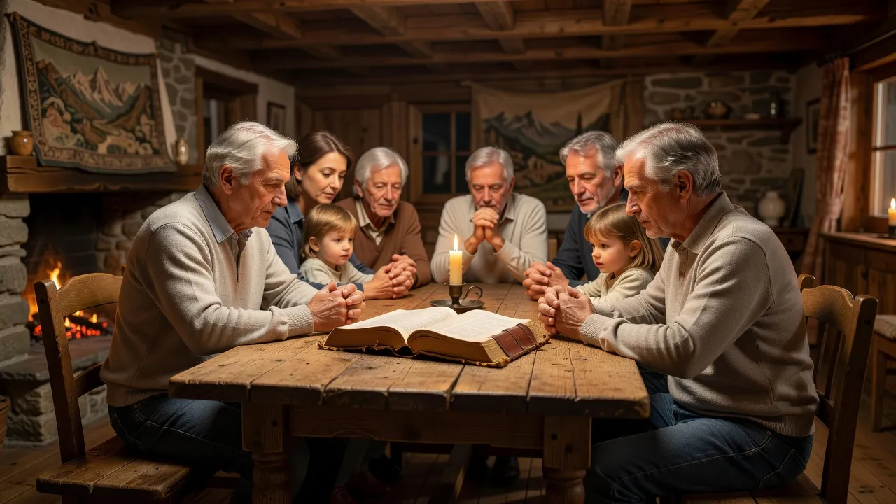 Famille réunie en prière du soir autour d'une table avec une Bible ouverte et une bougie
