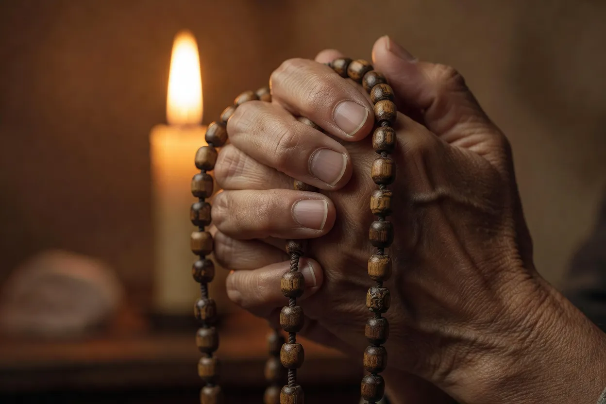 Mains jointes en prière tenant un chapelet, lumière de bougie chaude, ambiance de recueillement