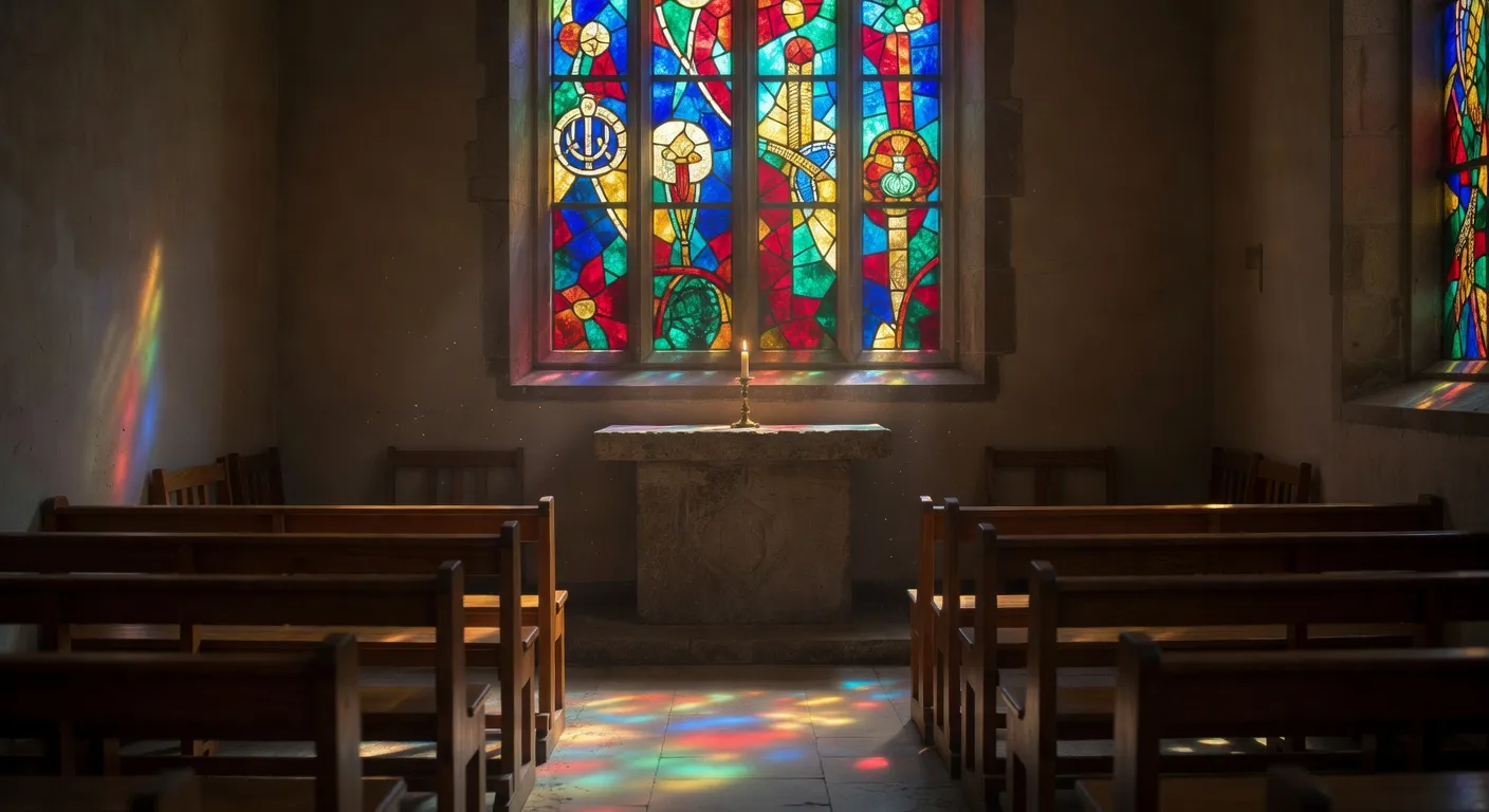 Chapelle d'hôpital avec vitrail coloré et bougie allumée, espace de prière recueilli