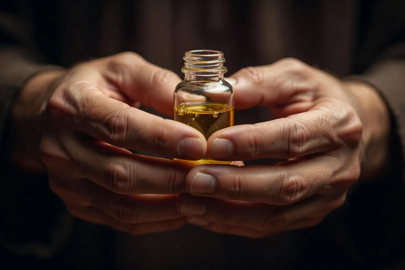 Mains jointes autour d'un flacon d'huile sainte, fond sombre et lumière douce, geste de foi