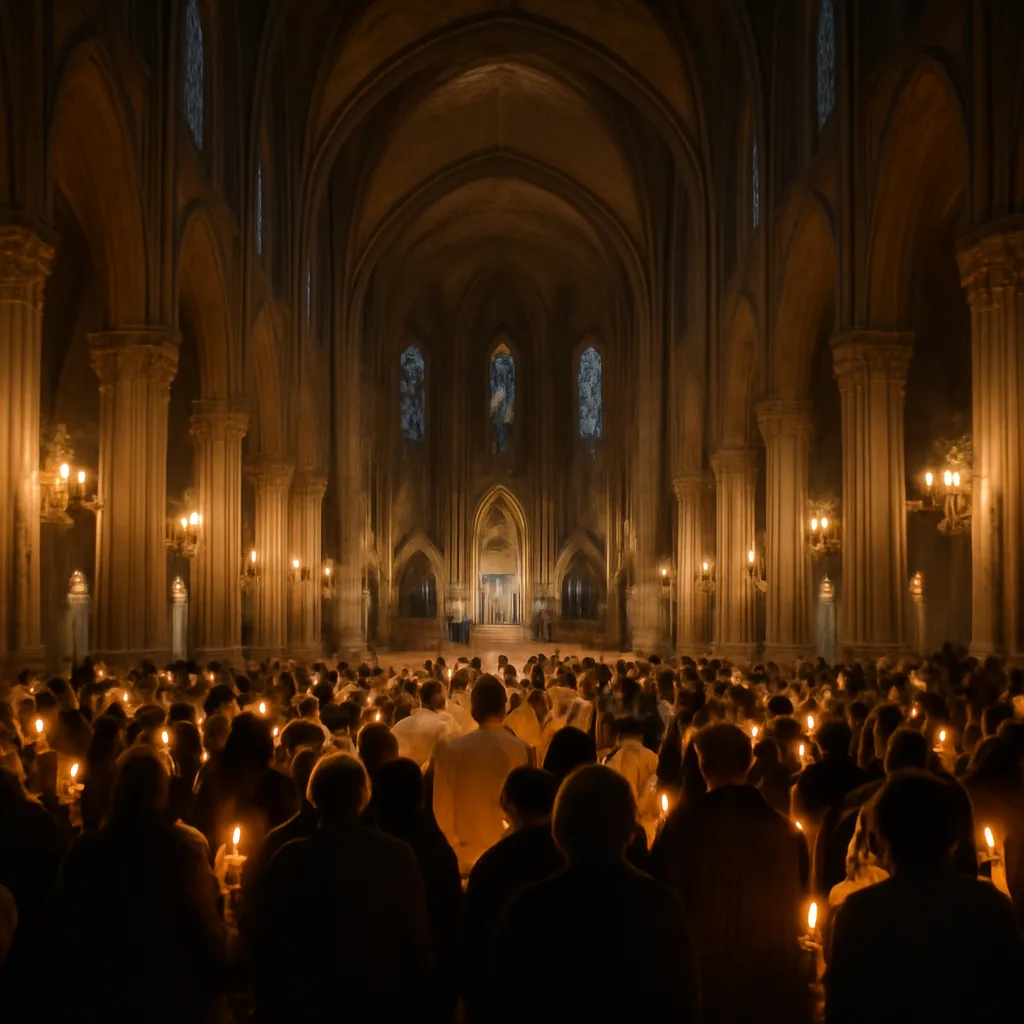 Assemblée de fidèles en prière dans une cathédrale pendant une cérémonie d'ordination, cierges allumés