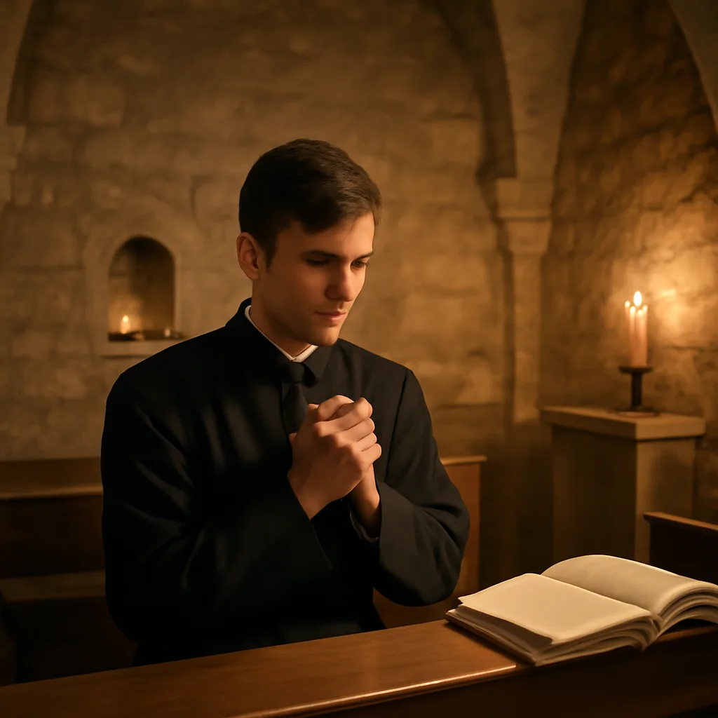 Jeune séminariste en prière dans une chapelle, livre de théologie ouvert à ses côtés