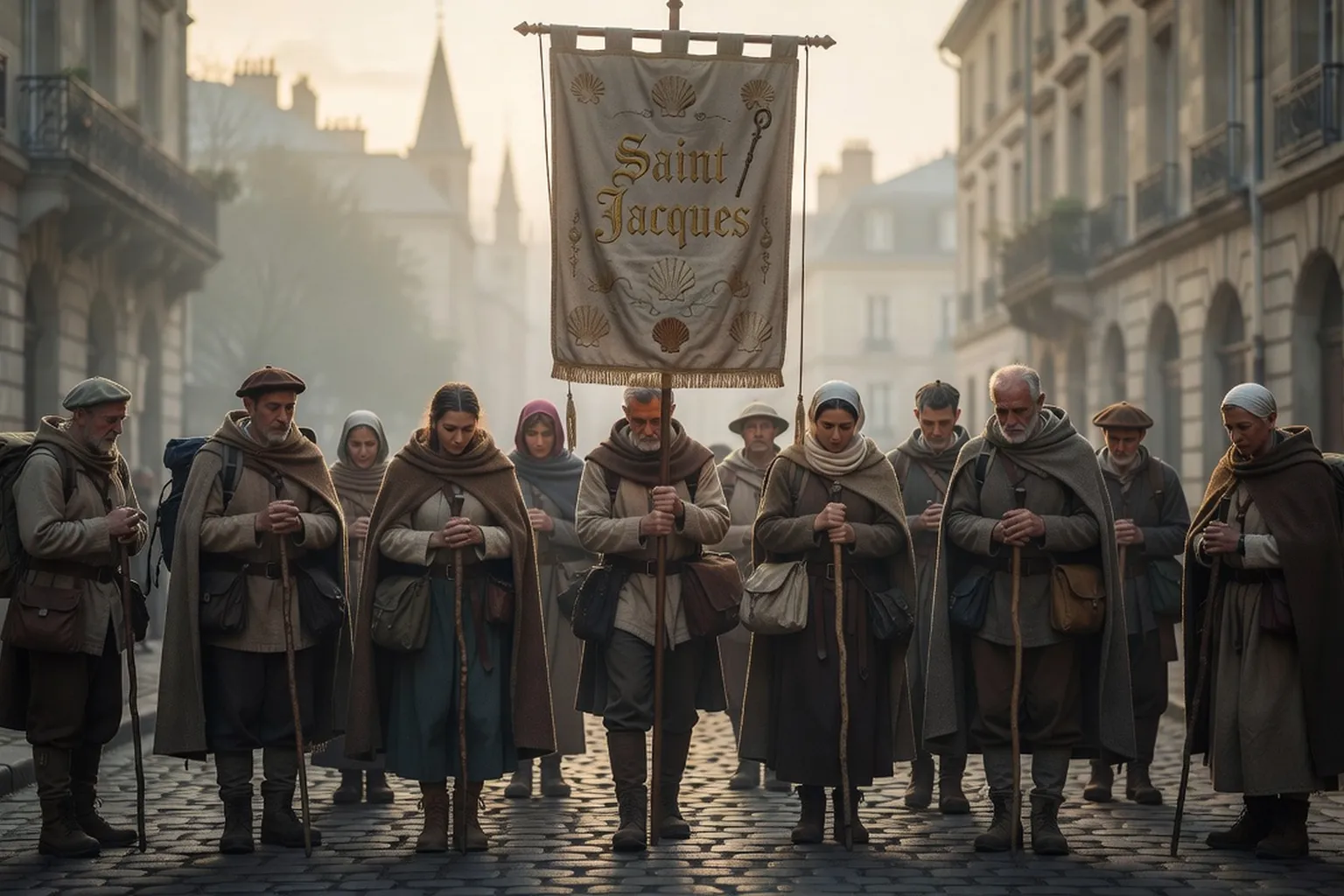 Groupe de pèlerins d'un chapitre rassemblés sous une bannière de saint patron au petit matin à Paris avant le départ
