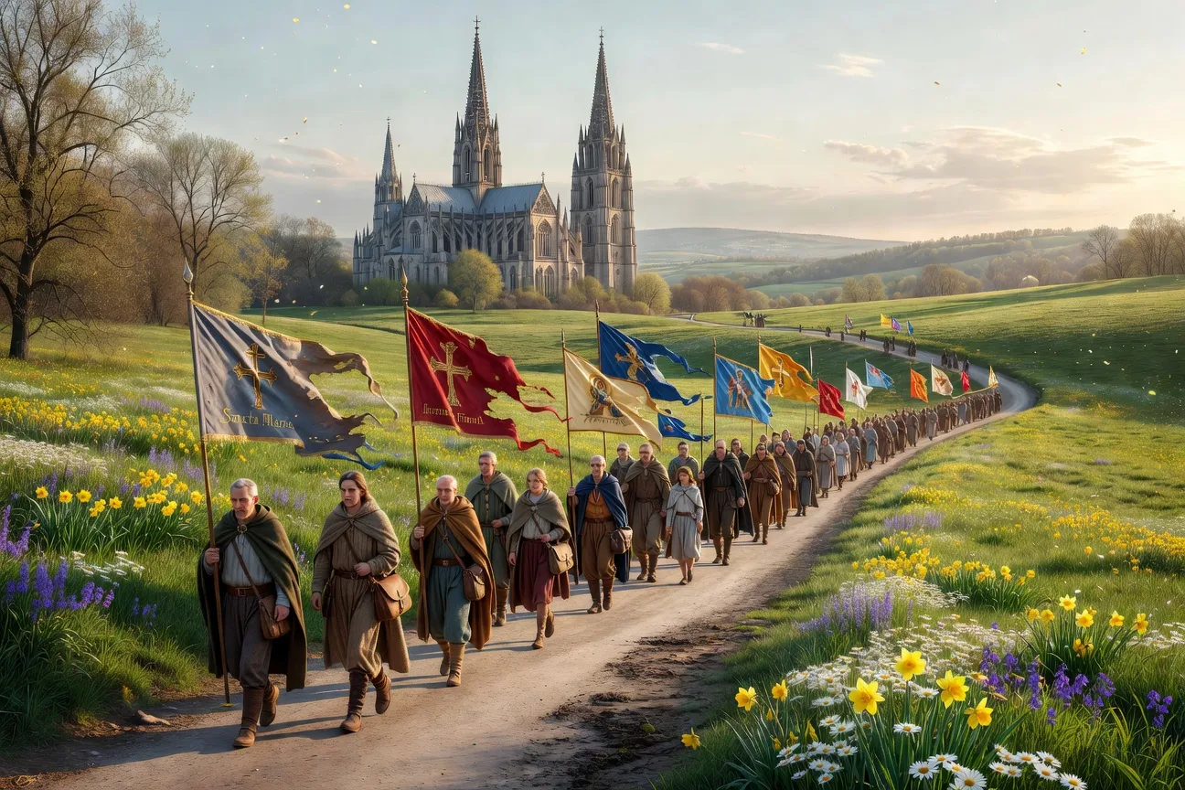 Pèlerins marchant sur une route de campagne avec les flèches de la cathédrale de Chartres au loin, printemps