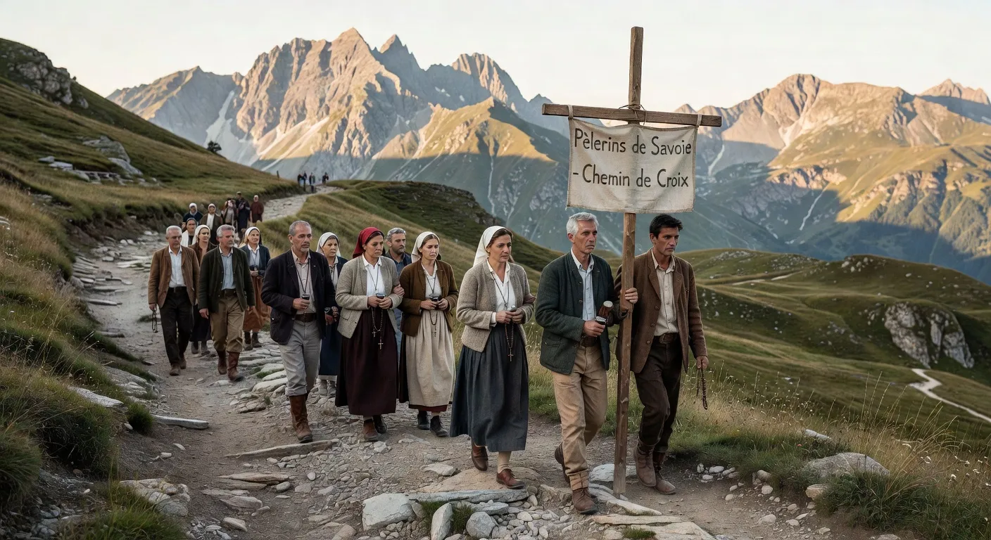 Groupe de pèlerins savoyards en marche sur un chemin de pèlerinage, portant une bannière de leur paroisse dans les Alpes
