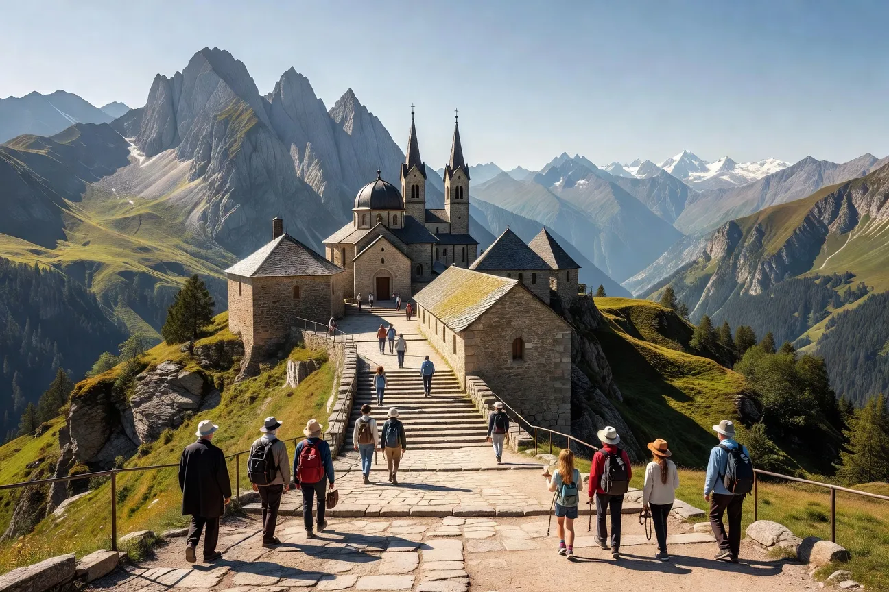Sanctuaire de La Salette avec les Alpes en arrière-plan, pèlerins sur les marches de pierre, lumière estivale