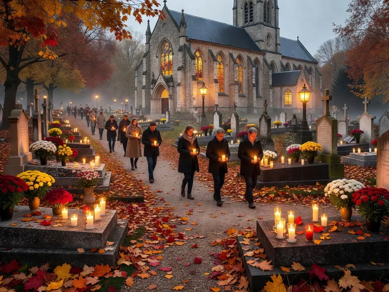 Pèlerins déposant des chrysanthèmes au pied d'une chapelle savoyarde lors de la Toussaint, lumière automnale