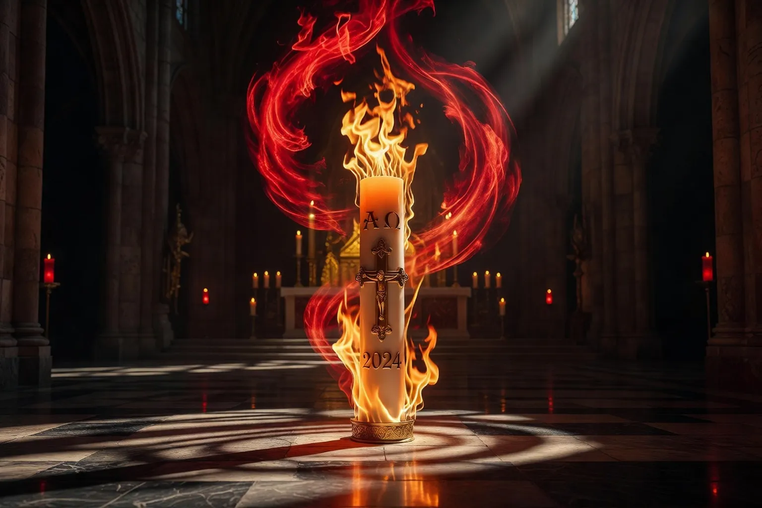 Bougie pascale entourée de flammes symboliques de la Pentecôte dans une église catholique, fond sombre, lumière rouge et dorée