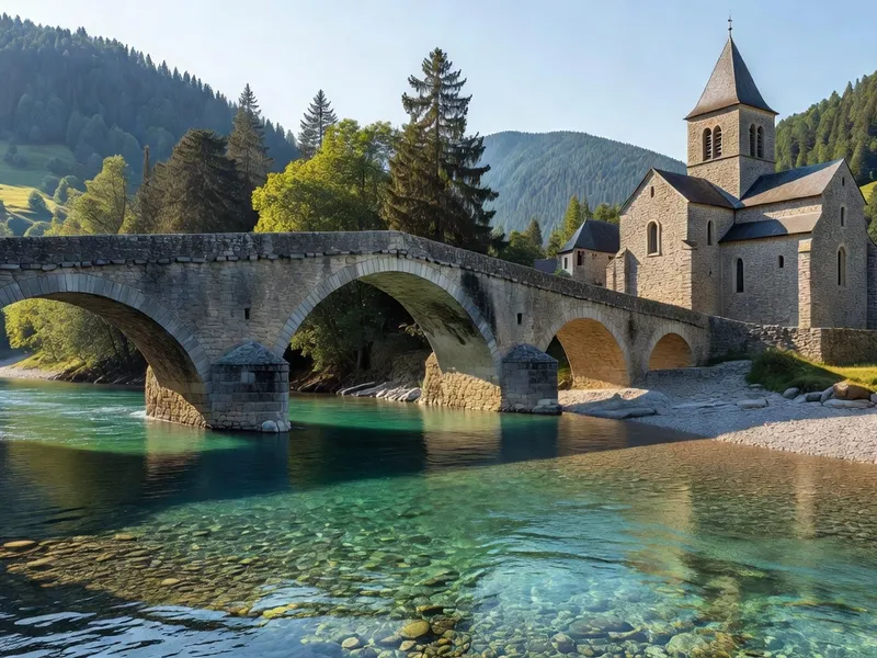 Le pont sur le Guiers à Pont-de-Beauvoisin, frontière historique entre Isère et Savoie, avec l'église visible en arrière-plan