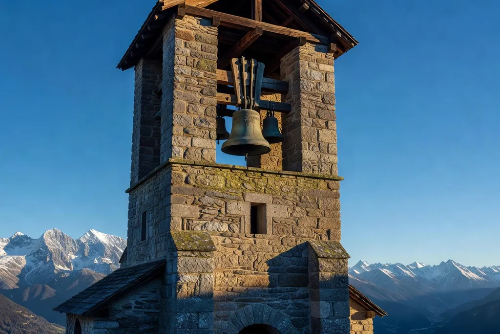 Beffroi en bois restauré supportant une cloche ancienne dans un clocher d'église de montagne en Savoie