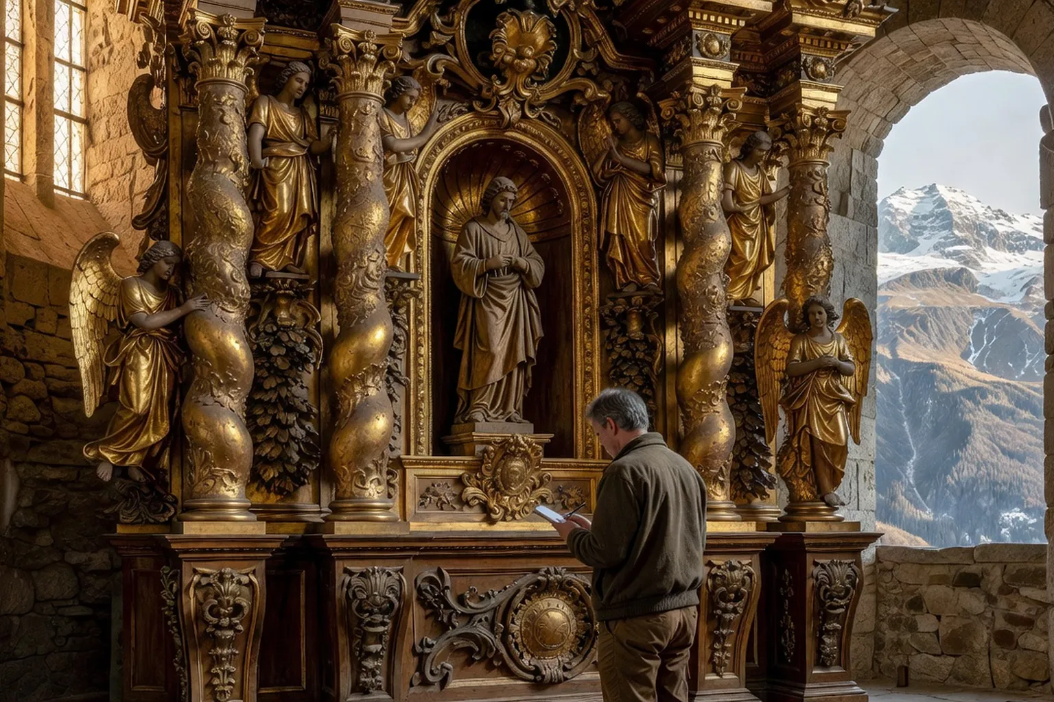 Détail d'un retable baroque savoyard : colonnes torses dorées, anges sculptés et statue de saint dans une niche, visiteur prenant des notes, montagnes enneigées visibles par l'arcade