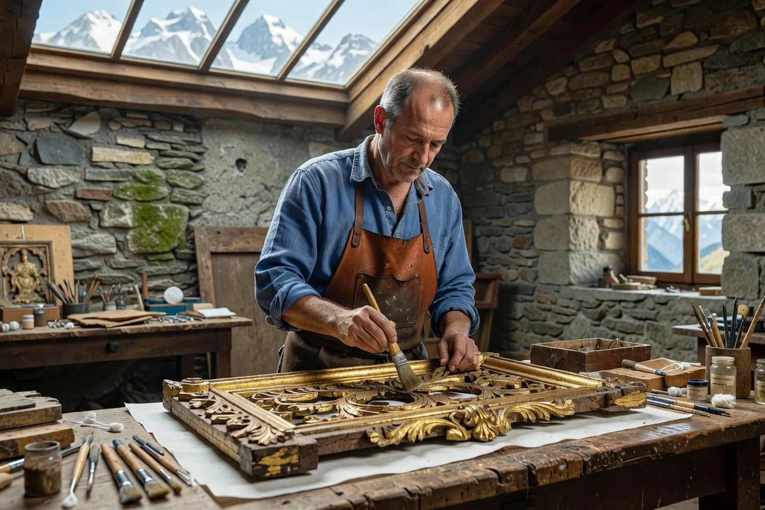 Restaurateur de bois doré travaillant sur un fragment sculpté d'ancien retable dans un atelier sous verrière, pierre apparente et sommets enneigés visibles en arrière-plan