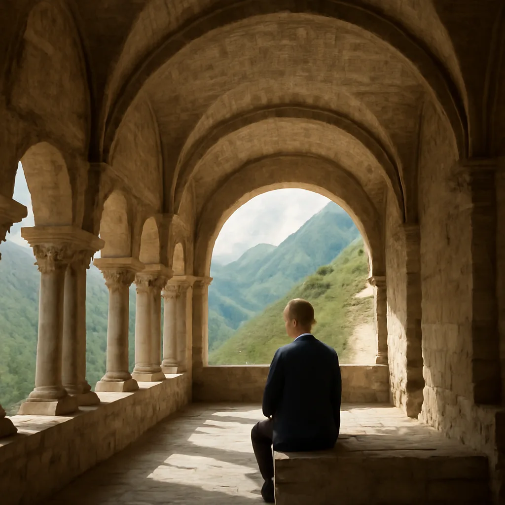 Personne assise seule dans un cloître d'abbaye en Savoie pendant un temps de prière silencieuse