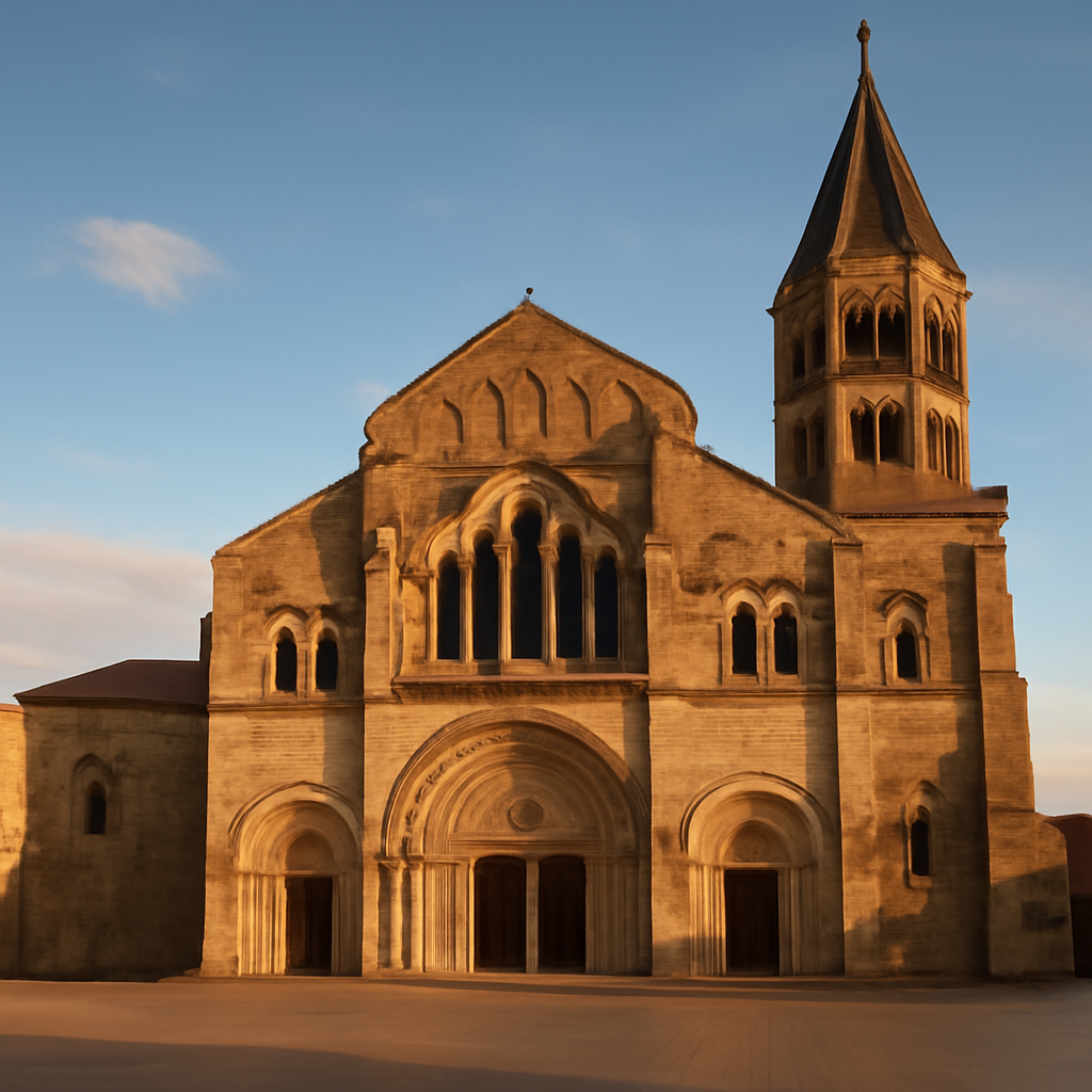 Façade de la basilique romane de Paray-le-Monial en Bourgogne, pierre dorée illuminée par la lumière du soir